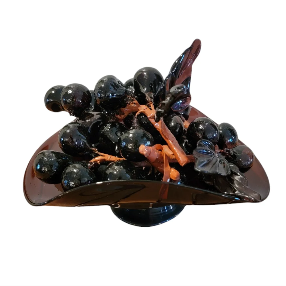 Amethyst Hand‎ Blown Glass Bowl with Amethyst Glass Grape Clusters MCM